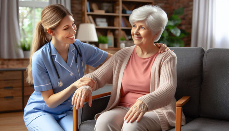 A homecare nurse helps an elderly woman in her living room.