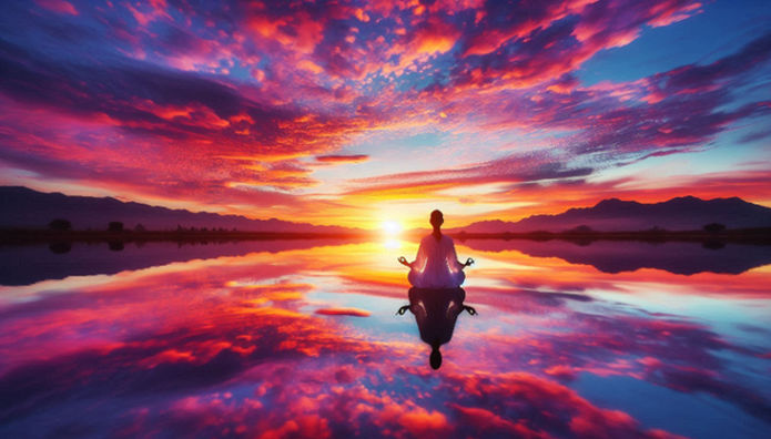 A person meditating by a tranquil lake at sunset, with their reflection and the sky’s vibrant colors symbolizing inner peace.