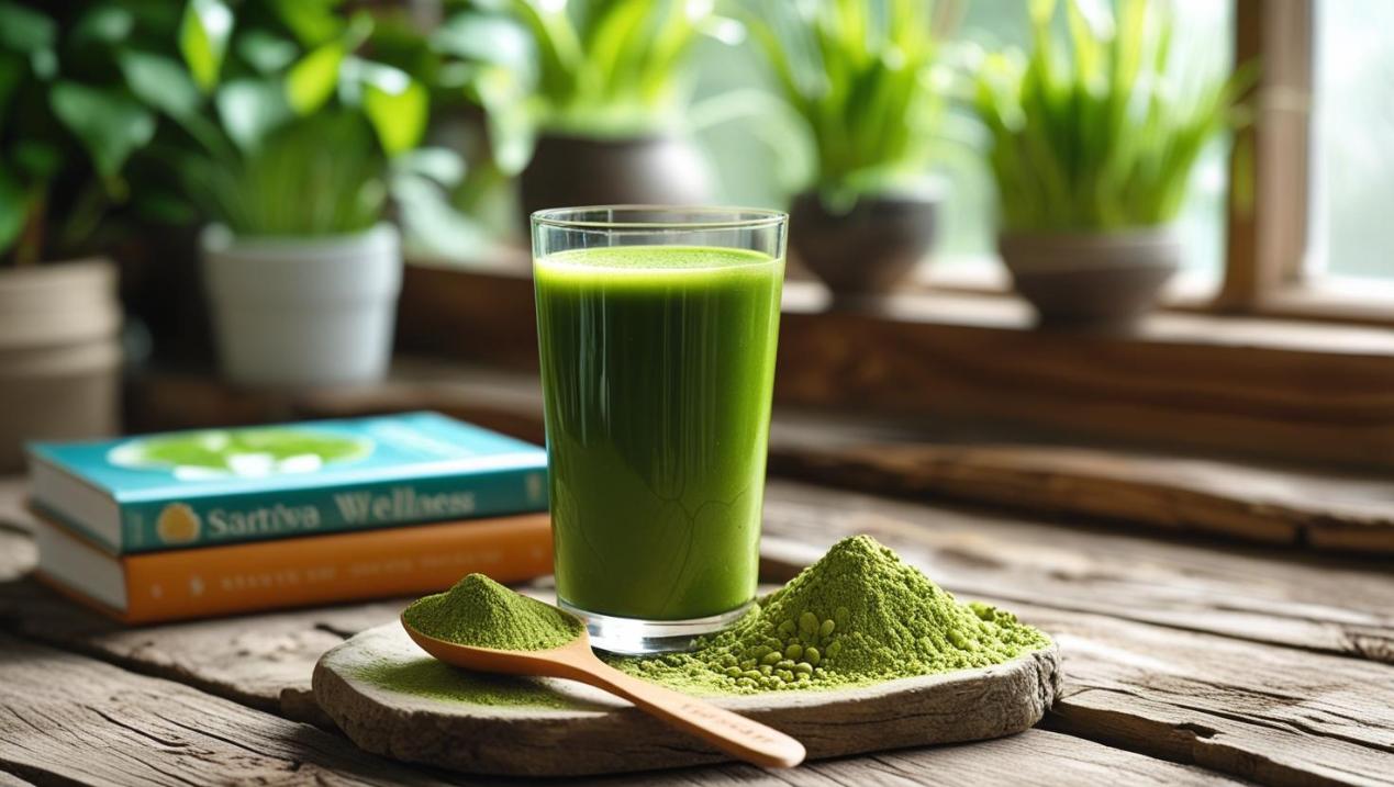 Glass of barley grass juice beside powder, books, and sunlit kitchen background.