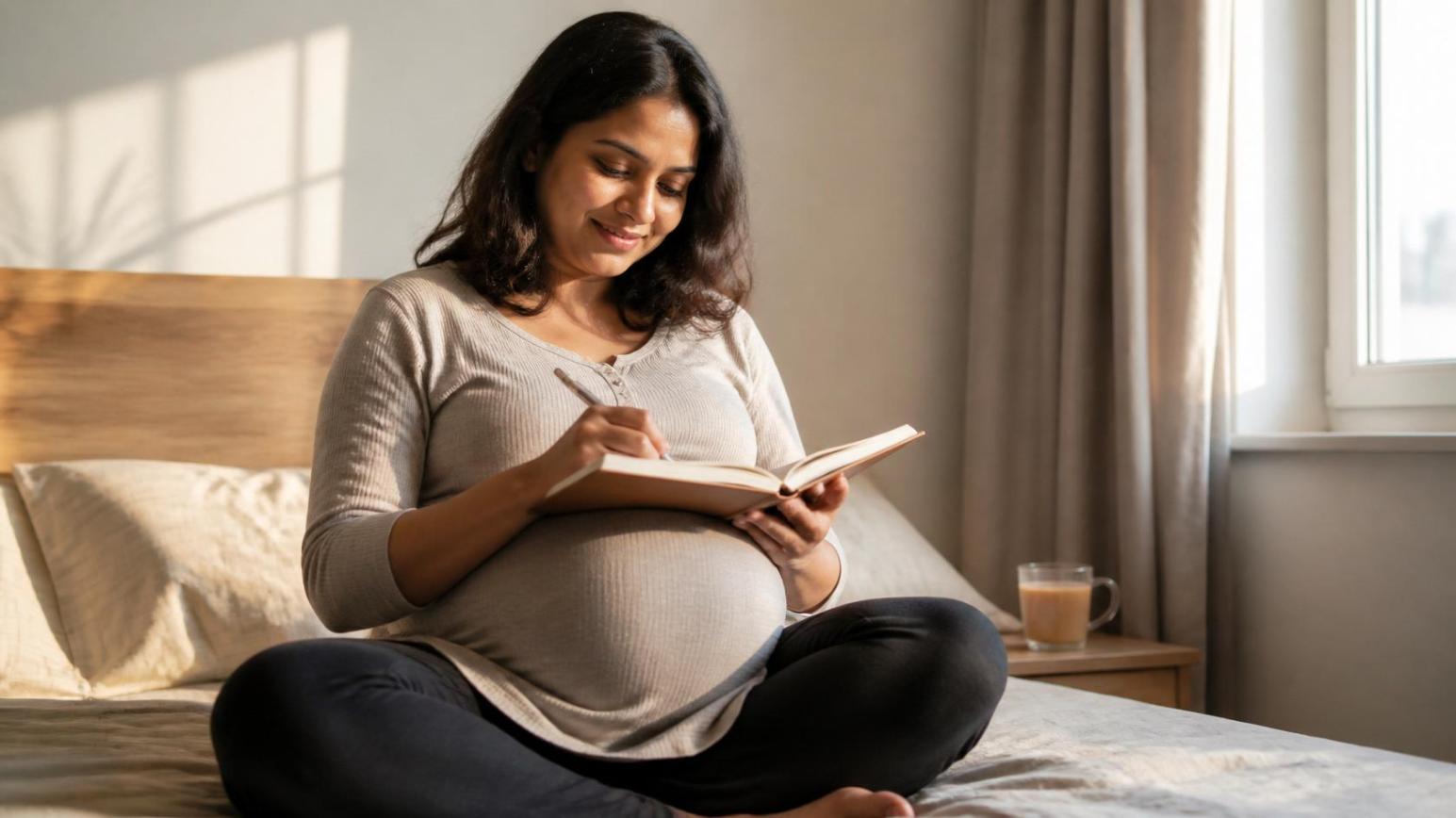 Pregnant woman smiles softly while journaling in bed near sunlit window.